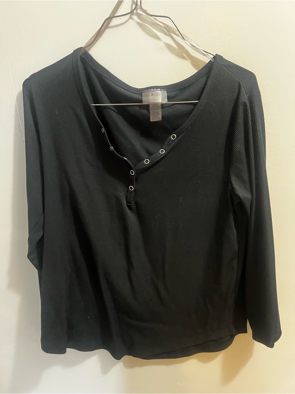 eye candy Black Ribbed Long Sleeve Henley Top with Snap Placket